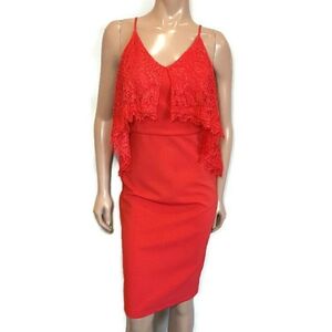 Mustard Seed Ribbed V-Neck Lace Flounce Midi Dress Red Orange Size Medium